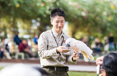 ショーで鳥に餌をあげる田中さん