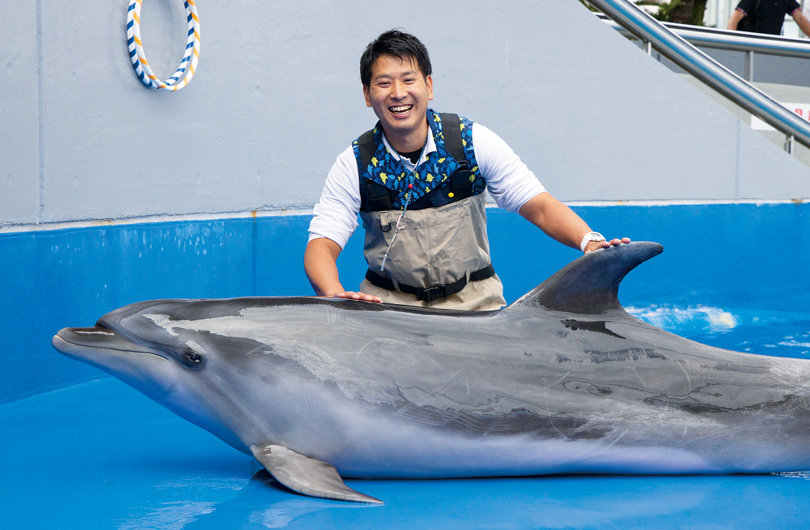 イルカを撫でる冠城さん