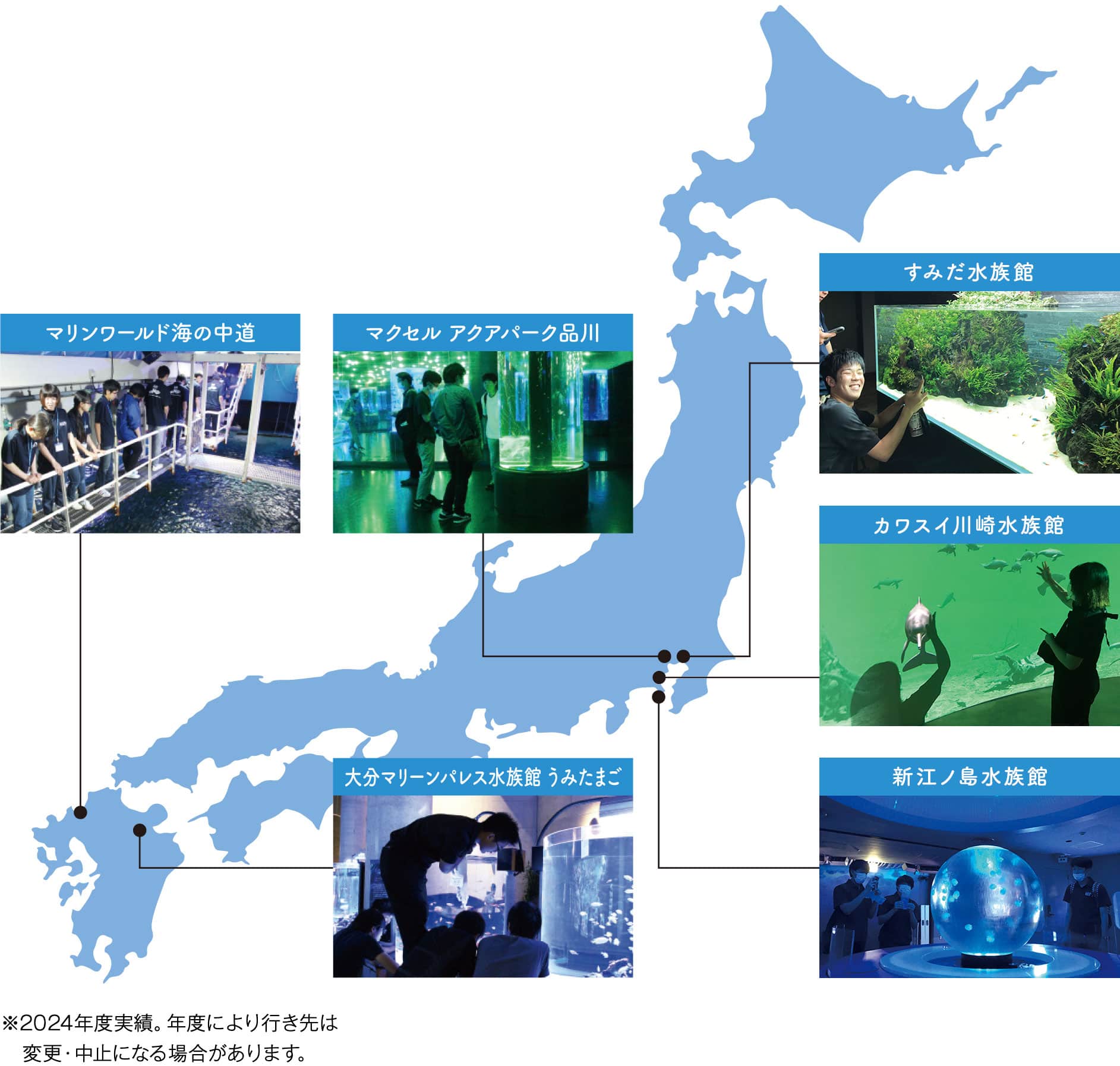 各地の水族館や海洋関連施設のだいたいの場所